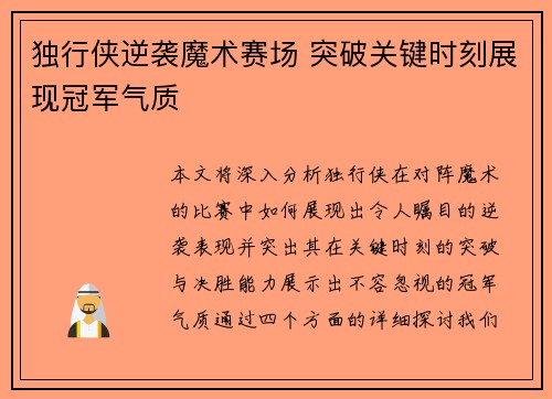 独行侠逆袭魔术赛场 突破关键时刻展现冠军气质